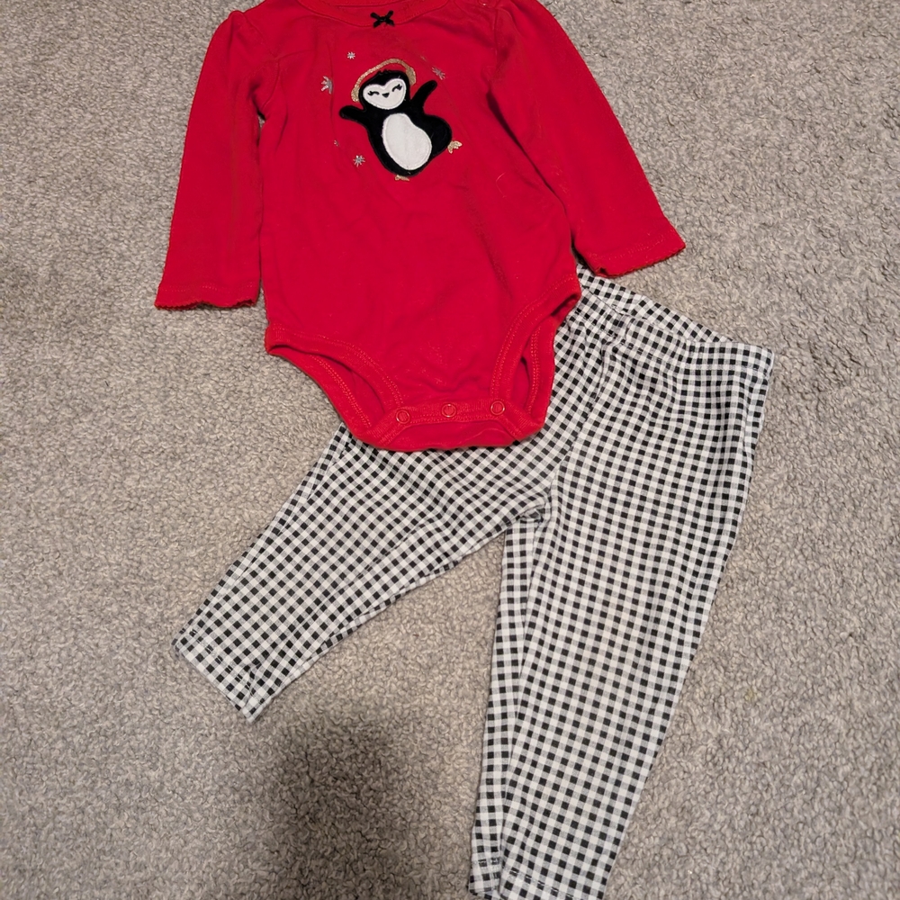 Carter's Red Penguin Bodysuit with Checkered Pants - Picture 2 of 8